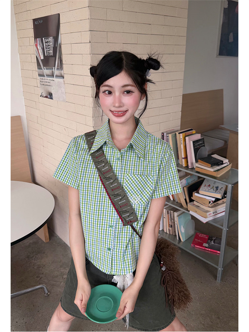 경관 그림 정가 학원 스타일 체크무늬 POLO 칼라 셔츠 여성용 짧은 소매 몸매 가꾸기 디자인 센스 작은 대중 맨위 셔츠 트렌디
