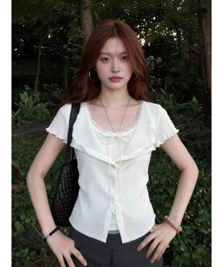 원본 솜씨 순수한 욕망 V넥 레이스업 긍정적 인 어깨 반팔 티셔츠 여성 여름 프릴 페이크 레이어드 허리 수축 슬림해 보이는 맨위