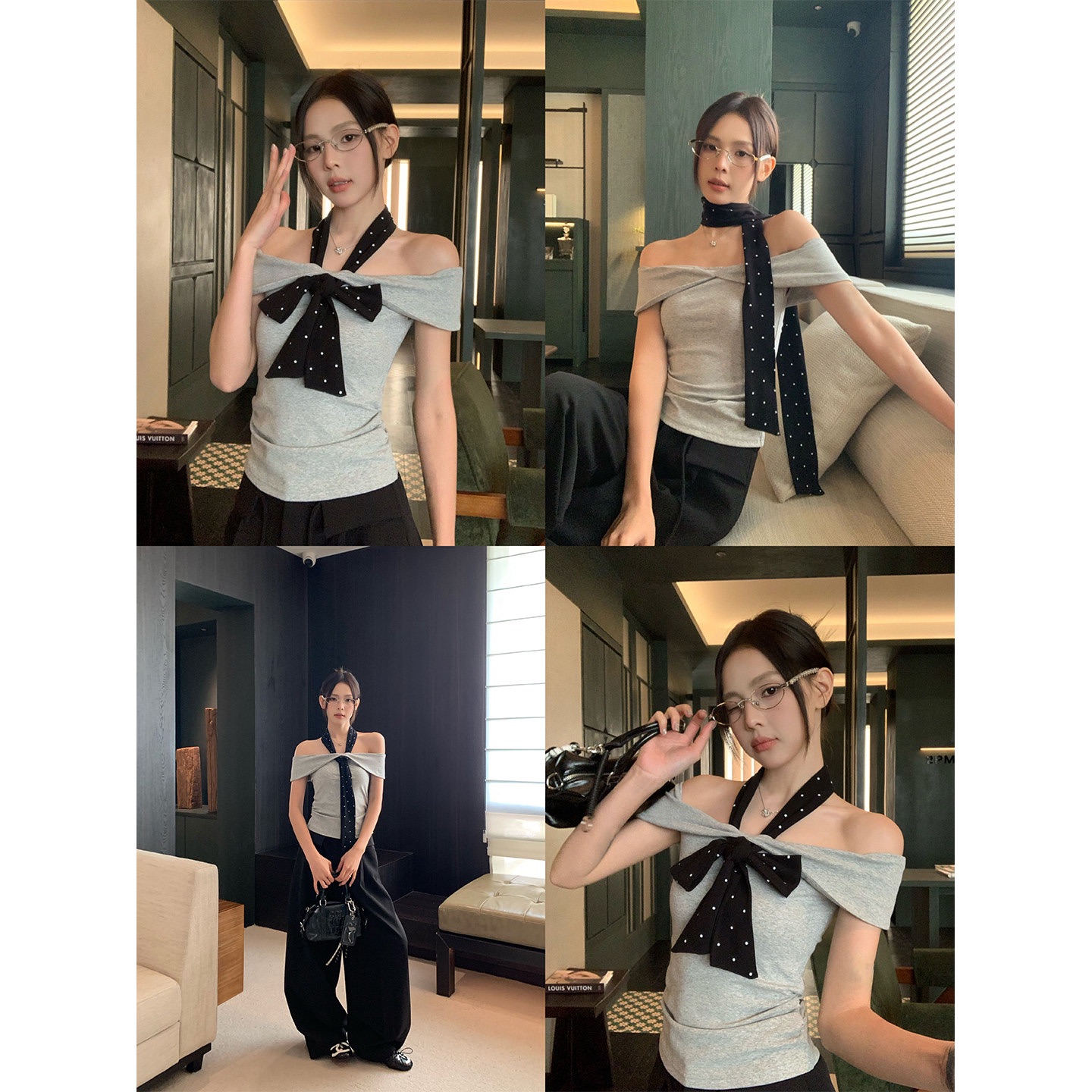 원본 것 회색 오프숄더 반팔 티셔츠 여성 여름 몸매 가꾸기 슬림해 보이는 한 부서 품격 오프숄더 맨위