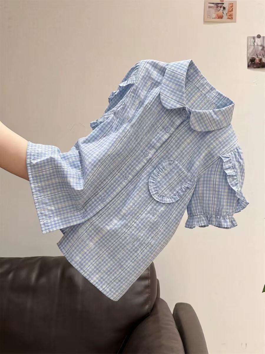 여름 디자인 센스 작은 대중 프릴 체크무늬 여성 셔츠 프랑스식 레트로 달콤함 거품 소매 고유 한 작은 셔츠 맨위