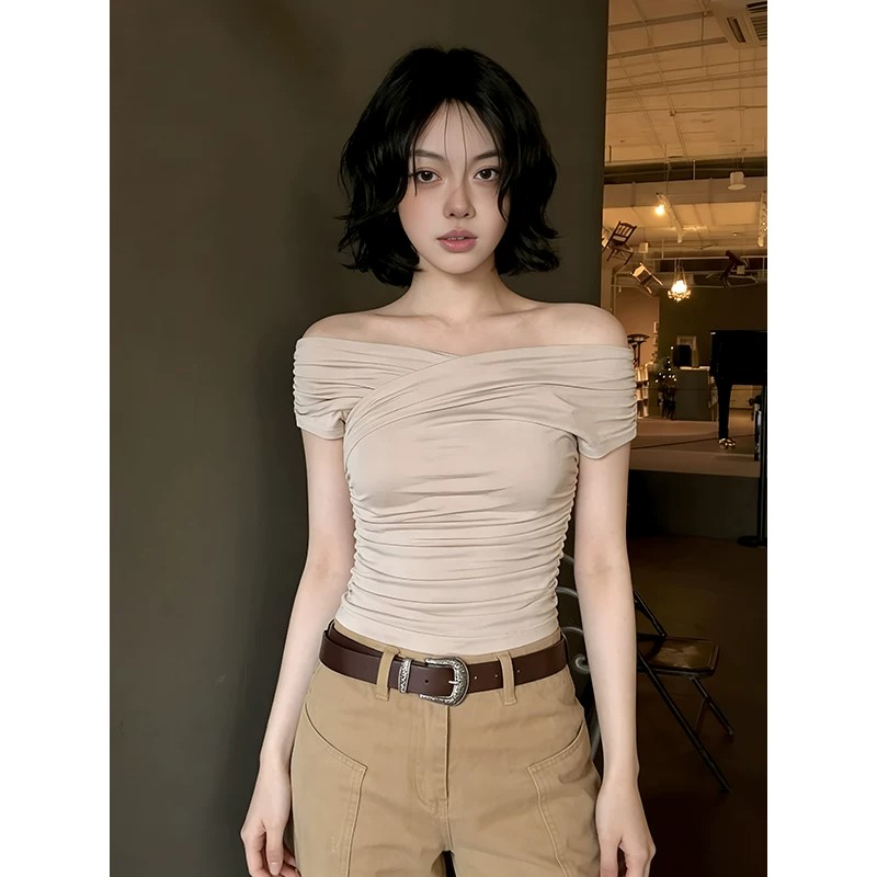 260 그램 사람들 면 디자인 센스 오프숄더 맨위 여성 여름 한 부서 펌프 Pleat 슬림해 보이는 반팔 몸매 가꾸기 핫걸 티셔츠