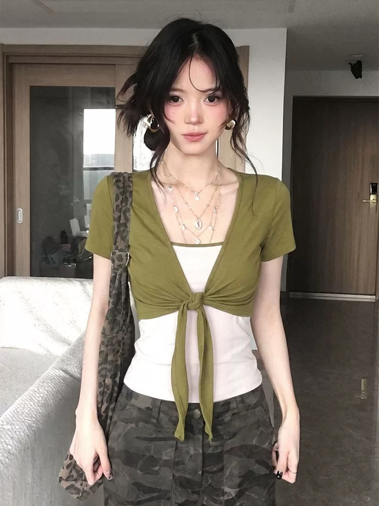 사람들 면 260 그램 한 부서 스트랩 배색 반팔 오픈 가디건 조끼 여성 2026 여름 슬림해 보이는 디자인 센스 맨위 ins
