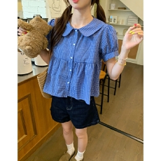 批发学院风日系复古格纹短袖衬衫女夏季泡泡袖小个子显瘦百搭短款上衣