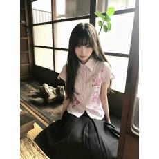 批发韩系甜美粉色条纹卡通刺绣短袖衬衫女夏季新款设计感修身显瘦上衣