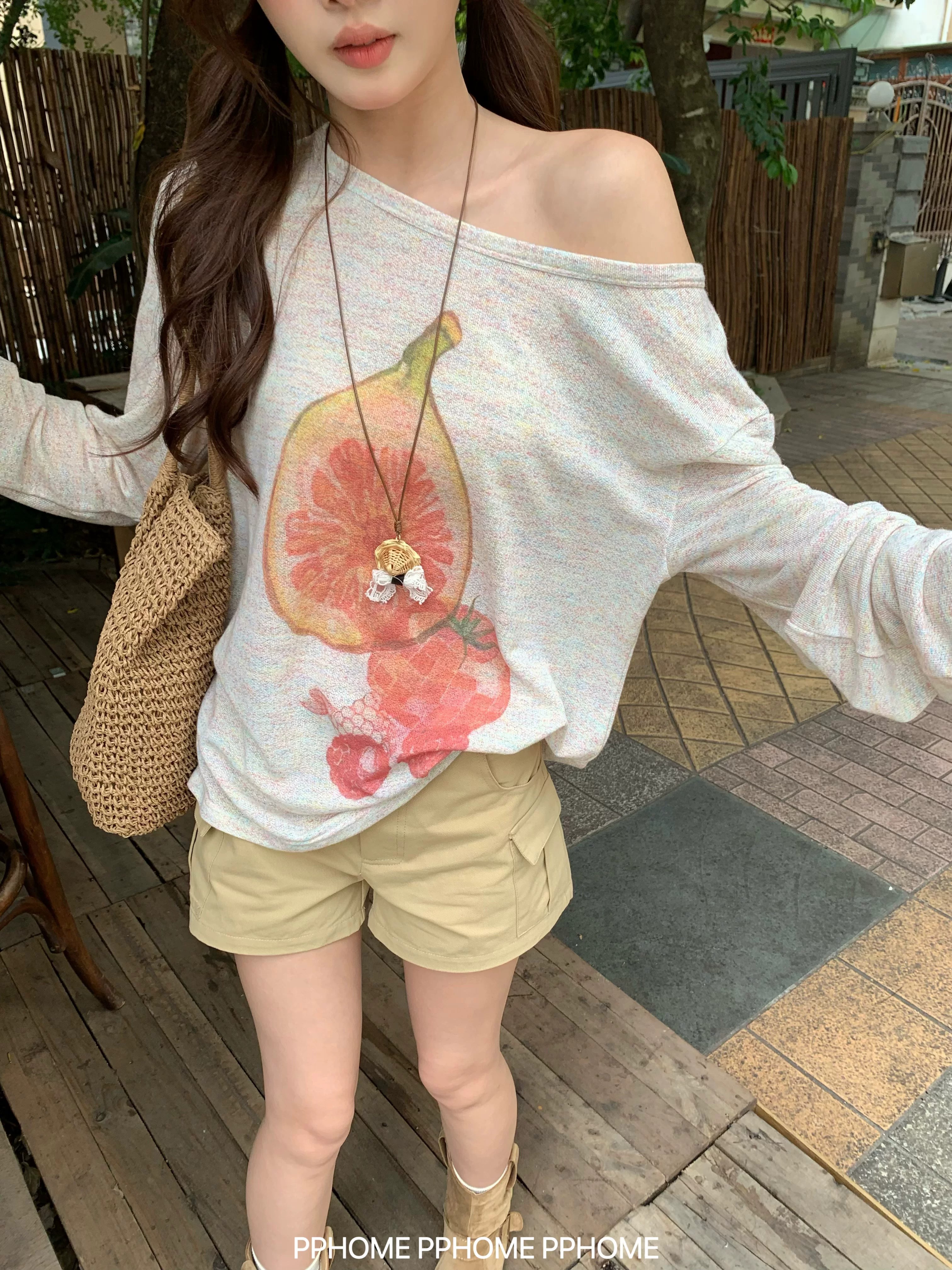 원본 무지개 마 새로운 여름 Fig 프린트 비스듬한 어깨 긴팔 티셔츠 루즈핏 느긋한 블라우스