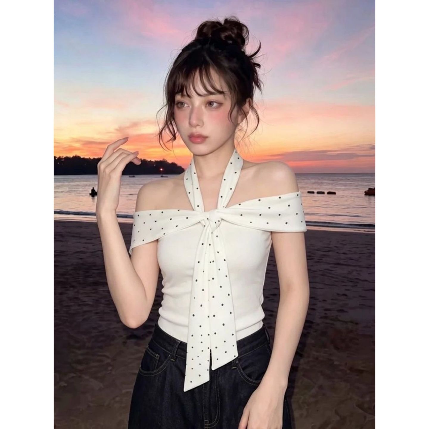 경관 그림 40 순면 리브 210 그램 1 1+ 전체 바느실 도트 무늬 행침 목 오프숄더 티셔츠 여성