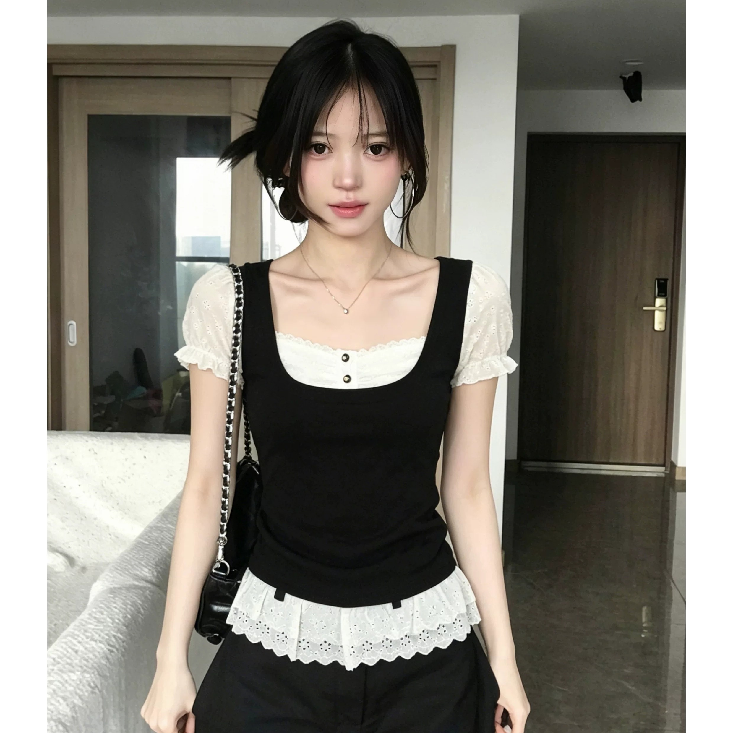 40 순면 한 부서 검정색 레이스 조각 페이크 레이어드 반팔 티셔츠 여성 여름 거품 소매 작은 대중 맨위