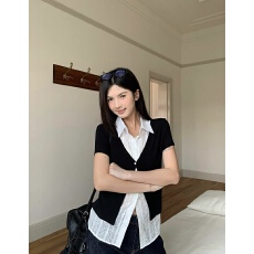 批发韩系假两件黑色POLO领<b class='q'>短袖</b>T恤正肩叠穿辣妹夏季新款百搭上衣女潮