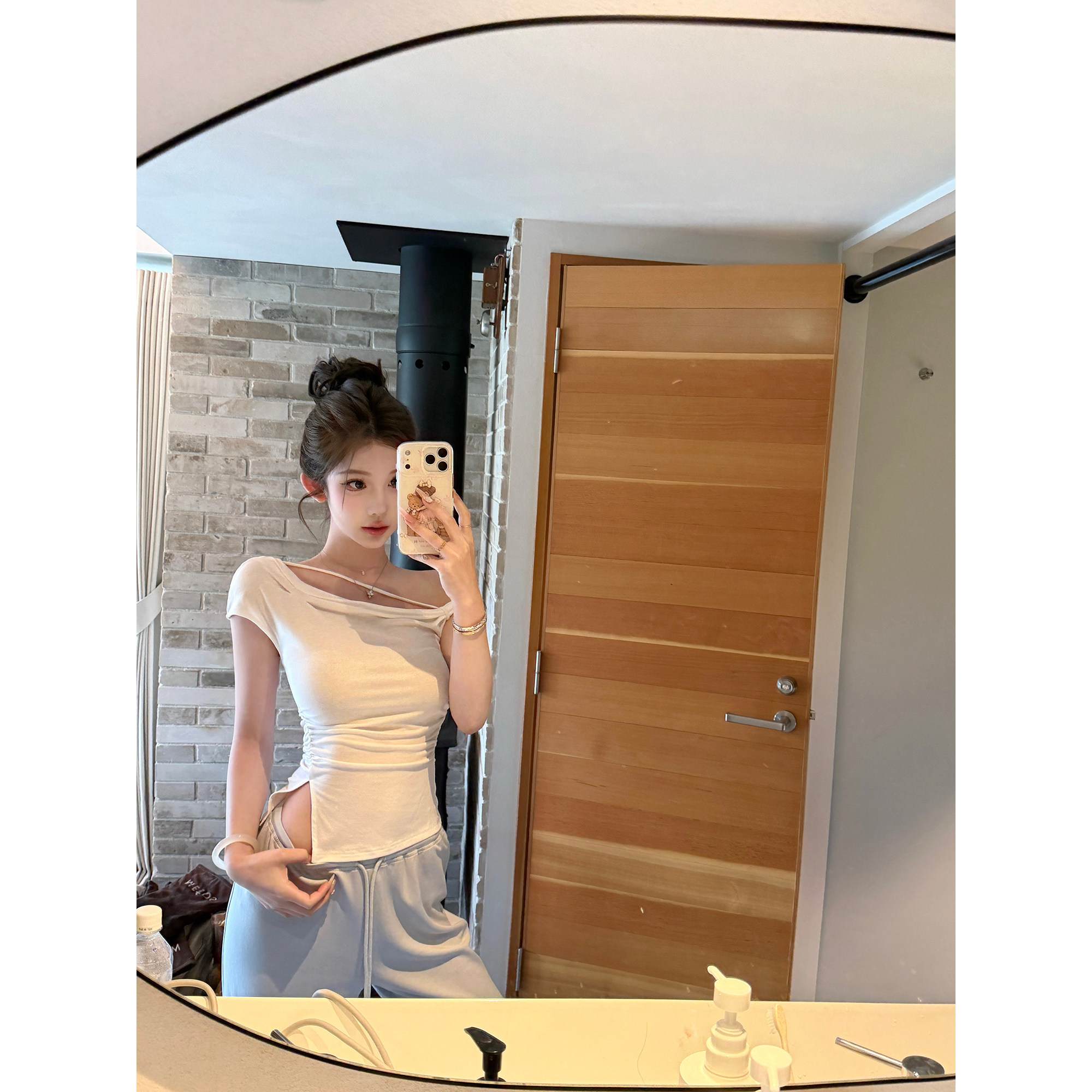 jmshop 심장 마비 커브 비스듬한 어깨 칼라 깨진 Pleat 허리 수축 트임 반팔 티셔츠 여성 여름 순수한 욕망 오프숄더 맨위