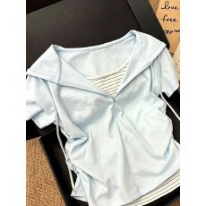 批发官图 莱赛尔天丝罗纹+色织条 <b class='q'>韩版</b>假两件连帽短袖女夏季新款