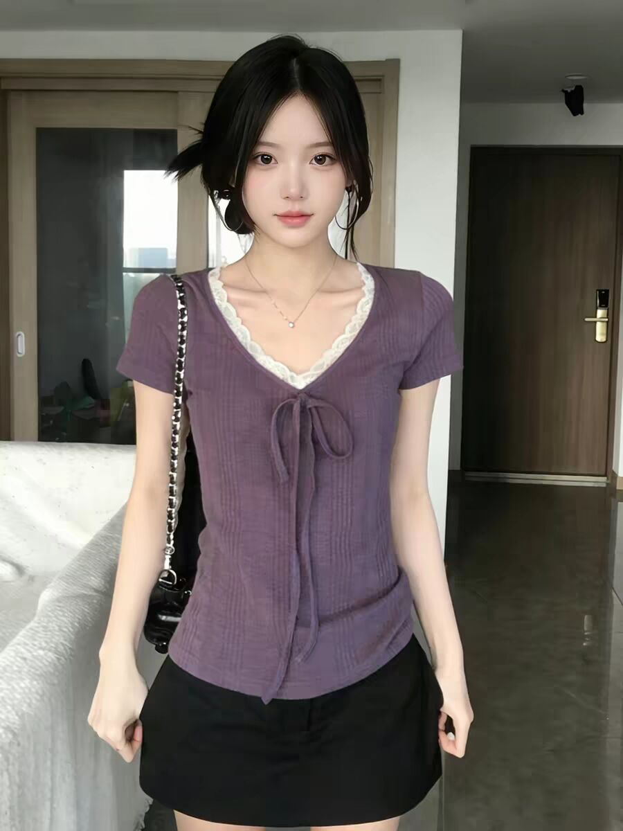 원본 원단 등나무 안개 언어 순수한 욕망 레이스 레이스 패치워크 V넥 반팔 티셔츠 여성 몸매 가꾸기 맨위