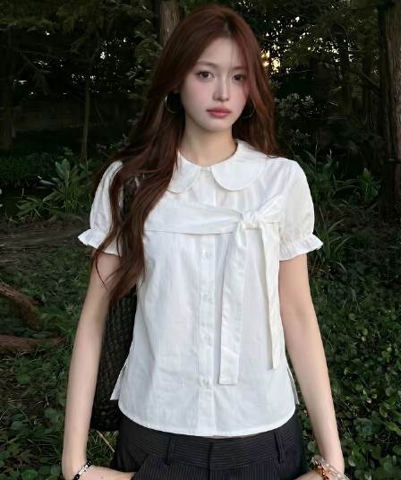 모래 워시 자카드 원단 프랑스식 프릴 반팔 여성 셔츠 여름 화이트 V넥 셔츠 허리 수축 맨위