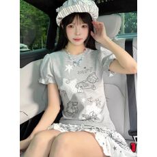 批发40支棉1*1奥代尔220克+后包领古早感星星木马印花<b class='q'>T</b><b class='q'>恤</b>