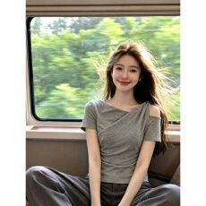 批发官图 随心裁莫代尔260克1*1 辣妹风灰色褶皱收腰露肩短袖<b class='q'>T</b><b class='q'>恤</b>