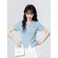 批发原版做法韩式休闲风蓝色V领短袖<b class='q'>t</b><b class='q'>恤</b>夏季大码掐腰薄款上衣
