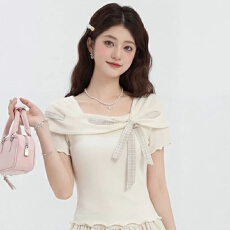 批发温柔风木耳边修身短款上衣女2026<b class='q'>夏季</b>新款设计感绑带方领短袖T恤