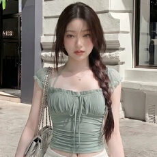 批发原版面料做法#法式纯欲木耳边挂脖吊带修身收腰上衣系带性感上衣