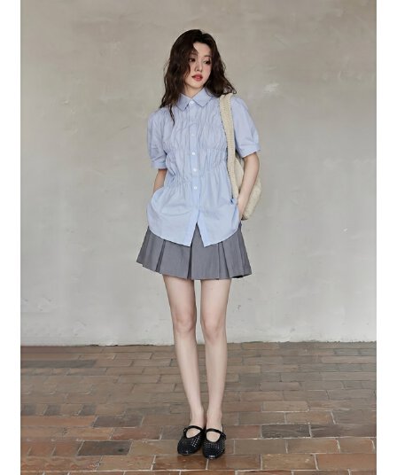 파란색 반팔 여성 셔츠 여름 학원 스타일 달콤함 루즈핏 주름 디자인 셔츠 한 부서 고급 센스 맨위 트렌디