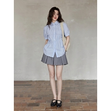 批发蓝色短袖<b class='q'>衬衫</b>女夏季学院风甜美宽松褶皱设计<b class='q'>衬衣</b>韩系高级感上衣潮