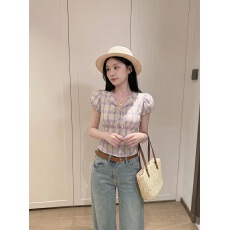 批发【原版色织格 有内里】减龄紫色格子系带泡泡袖<b class='q'>衬衫</b>女夏季<b class='q'>上衣</b>