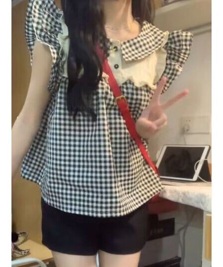 일본식 달콤함 Feifei 소매 체크무늬 여성 셔츠 작은 키 여름 2026 새로운 잘 생긴 외국 가스 ~ 중 작은 셔츠 맨위
