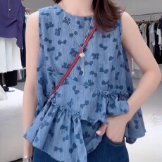 批发韩系蝴蝶结印花无袖背心<b class='q'>衬衫</b>女夏装爆款复古不规则下摆无袖背心女