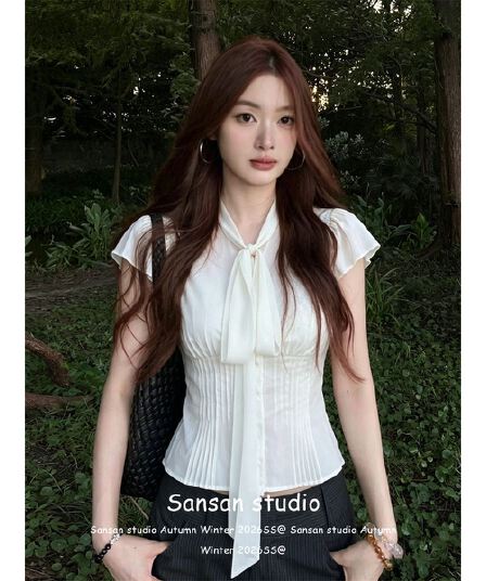 순수한 욕망 바람 홀로우 아웃 반팔 여성 셔츠 초기 여름 착용 가져 가라. 프릴 셔츠 작은 셔츠 허리 수축 슬림해 보이는 품격 맨위