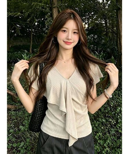 사람들 면 260 그램 아메리칸 V넥 프릴 반팔 티셔츠 여성 여름 디자인 불규칙 리본 핫걸 작은 셔츠