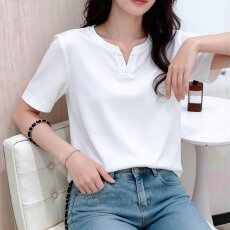 批发欧货纯棉白色V领<b class='q'>短袖</b>T恤女2026新款夏季宽松显瘦百搭打底衫上衣潮