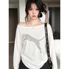 批发莱赛尔美式复古印花船领<b class='q'>长袖</b><b class='q'>T</b><b class='q'>恤</b>女夏休闲气质宽松显瘦小个子上衣
