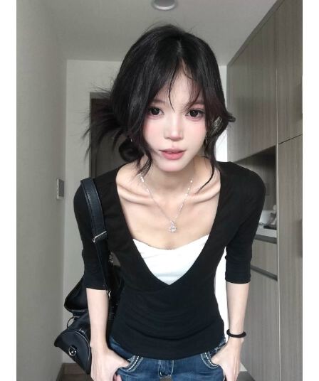 모달 사람들 면 검정색 V넥 페이크 레이어드 긴팔 티셔츠 여성 몸매 가꾸기 슬림해 보이는 기본 셔츠 한 첨부 된 의류