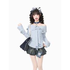 批发实价 韩系甜美风蝴蝶结一字领<b class='q'>衬衫女</b>秋季露肩收腰辣妹衬衣