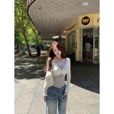 批发260克人棉撞色拼接假两件扭结长袖<b class='q'>T</b><b class='q'>恤</b>女秋季新款修身<b class='q'>显瘦</b>收腰上衣