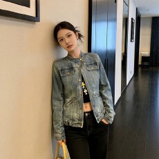 批发韩版复古做旧立领短款牛仔外套女春秋季新款修身显瘦正肩夹克上衣