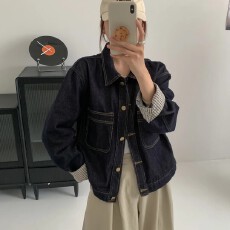 批发2026秋冬新款复过做旧欧美风POLO领水洗牛仔褂双口袋外套上衣自留