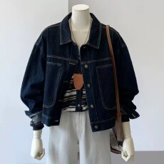 批发春季新款深蓝色短款牛仔外套女韩版休闲口袋设计感工装风显瘦上衣