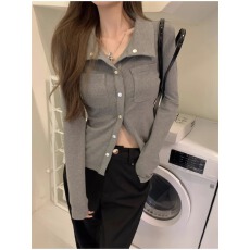 批发灰色衬衫外套女秋季内搭短款v领<b class='q'>修身</b>上衣设计感小众收腰长袖衬衣