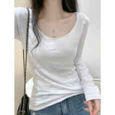 批发大领口U领卷边长袖<b class='q'>T</b><b class='q'>恤</b>女春秋季<b class='q'>韩版</b>修身内搭打底衫竹节棉白色上衣