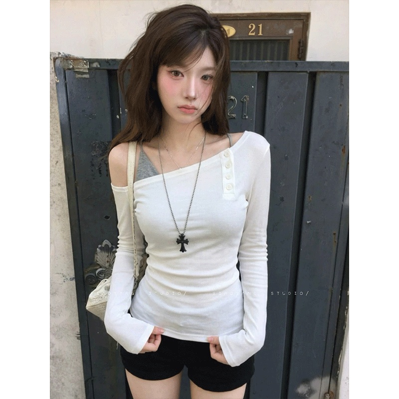 BY34669# 人棉+有拇指扣+车线11针＋新款斜肩T恤早秋温柔上衣 服裝批發女裝批發服飾貨源
