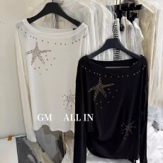 批发十三行夏季<b class='q'>韩版</b>洋气设计感烫钻五角星斜肩防晒罩衫长袖<b class='q'>T</b><b class='q'>恤</b>上衣女