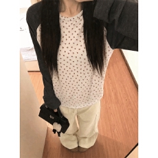 +260克人棉+布匹印碎花炭灰长袖圆领T恤秋季插肩上衣