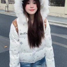 批发韩系毛领可爱星星羽绒棉服女新款冬季加厚连帽小个子保暖棉衣外套