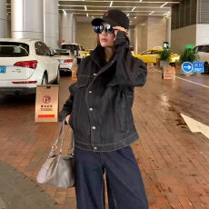 批发斜领短宽高街休闲硬挺宽松牛仔夹克男女2026秋季纽扣开衫短外套潮