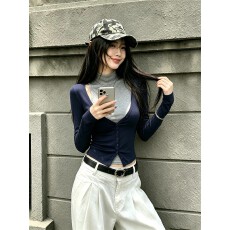 批发双260克人棉+品质做工＋V领收腰蓝色<b class='q'>开衫</b>+灰色背心真两件套