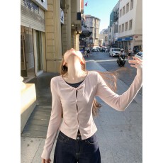批发韩系粉色假两件正肩<b class='q'>长袖</b>t恤女秋季修身短款内搭打底衫上衣