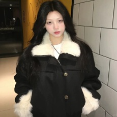 黑色修身毛领短款棉服女2026新款冬季加厚皮毛一体高级感毛毛外套