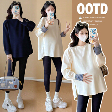 批发实拍孕妇装新款时尚假两件圆领上衣不规则下摆宽松针织衫