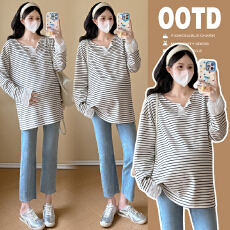 批发实拍新款 孕妇装条纹上衣宽松大码女针织衫蕾丝花边潮