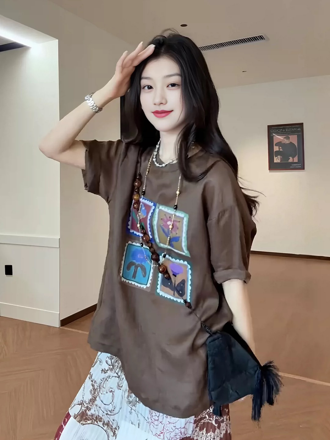 한국 스타일 루즈핏 네 궁전 그리드 만화 다용도 연령 감소 라운드 넥 반팔 셔츠 반신 치마 세트