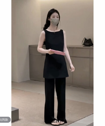 2026 여름 새로운 여성 한 부서 착용 가져 가라. 디자인 센스 백리스 라운드 넥 민소매 맨위 하이웨이스트 슬림해 보이는 넓은 다리 길이 바지